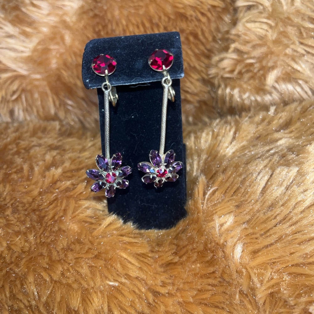 Roger Van S  Red and Purple Floral Drop Earrings